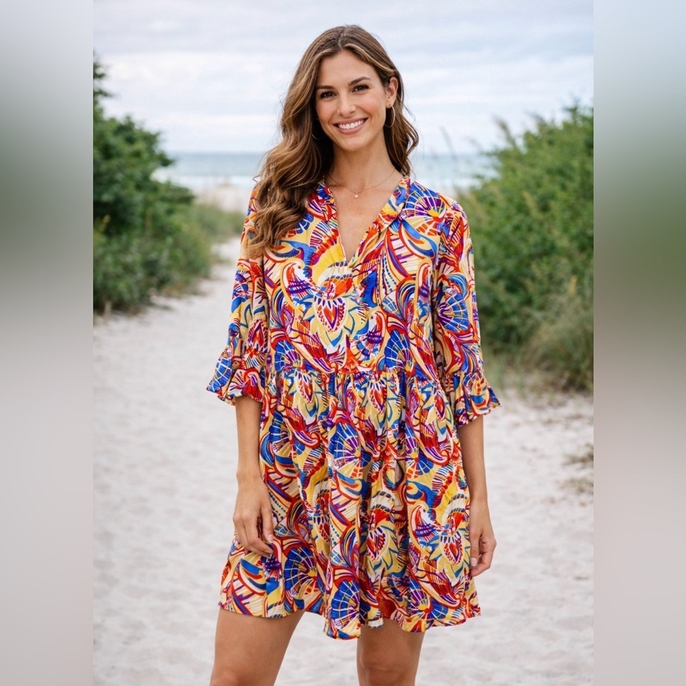 Jude Connally Dress V neck Short Sleeve Tiered Orange Multi Colorful Art Party M